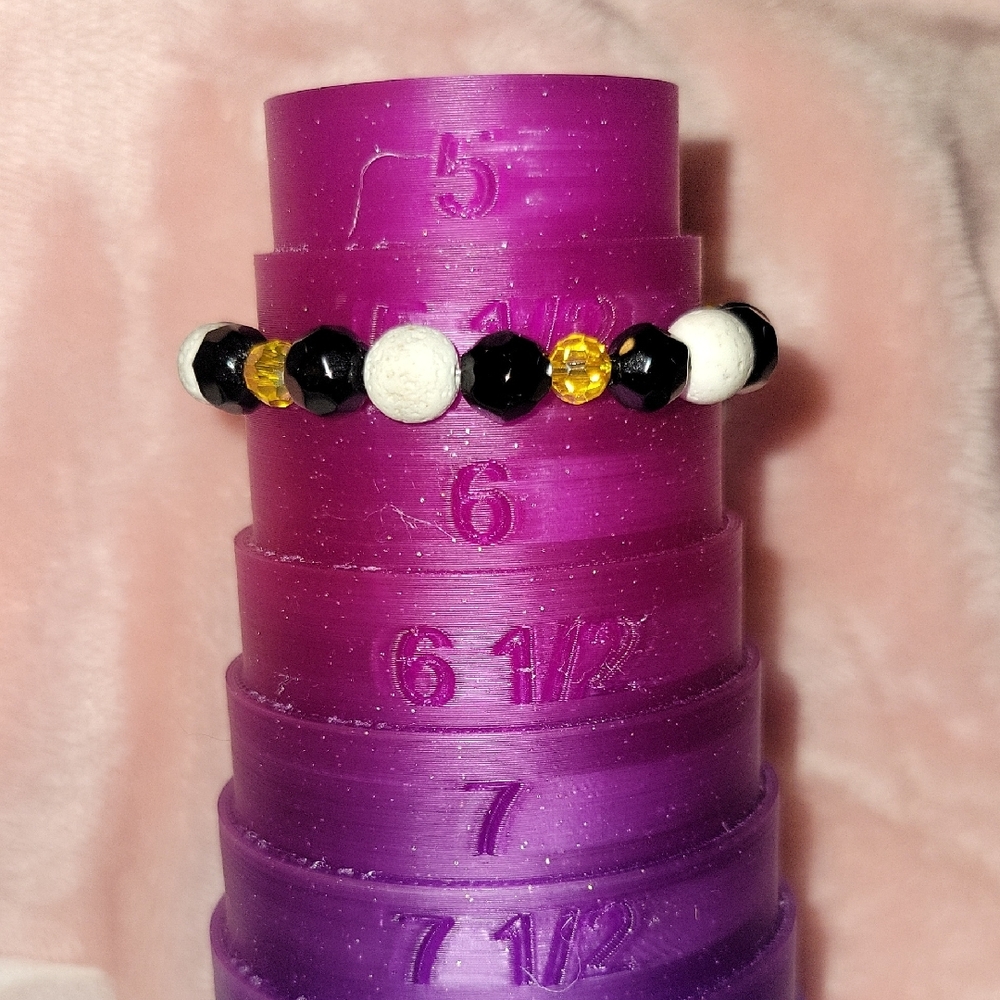 Adjustable White Lavastone & Faceted Black & Yellow Beaded Memory Wire Bracelet